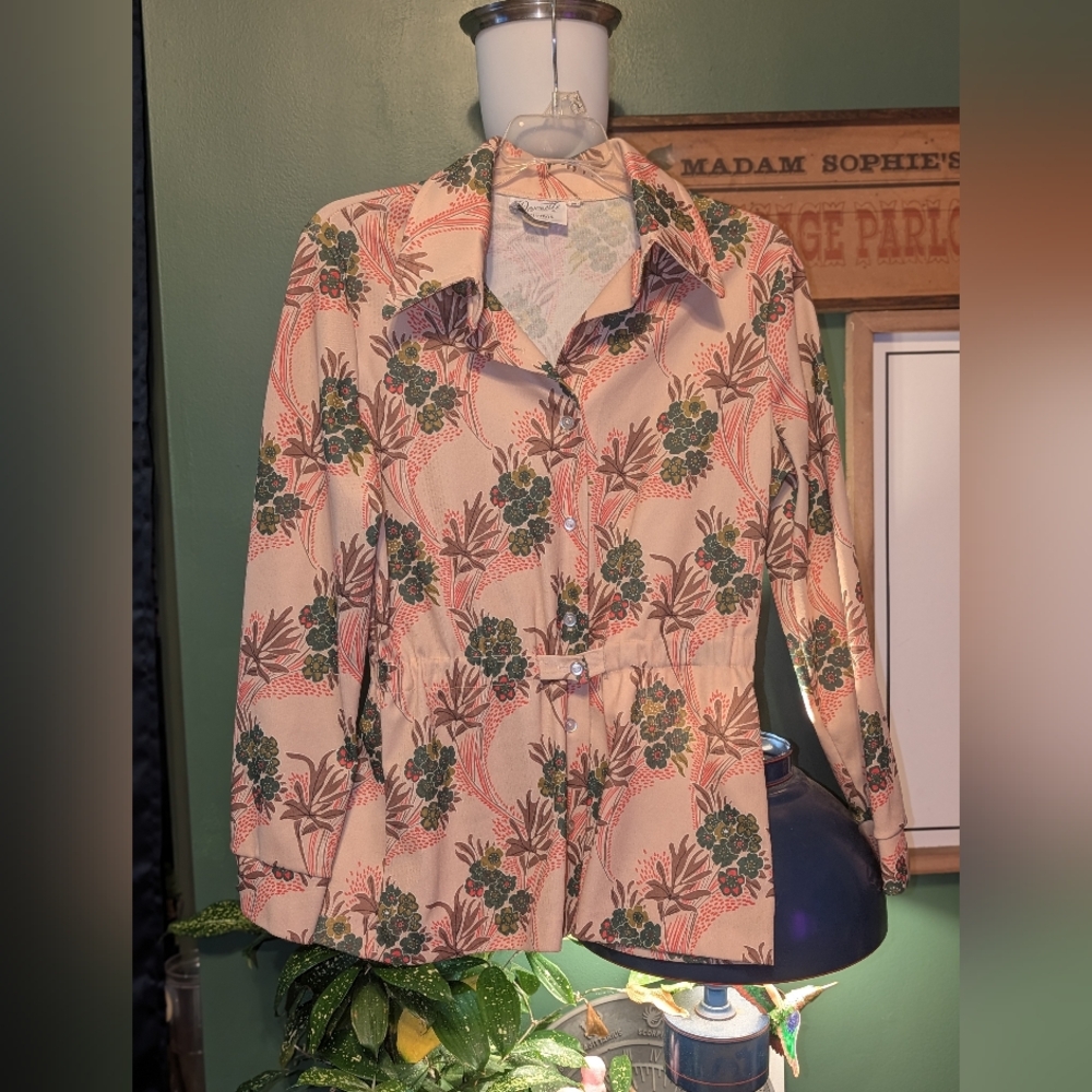 Devonette Polytron Dagger Collar Button Down Polyester Shirt Plants Cinch Waist